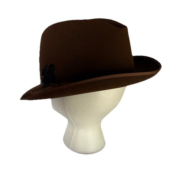 Vintage Dobbs Mens Brown Wool Felt Black Feather Fedora Hat 7 1/4 - Picture 7 of 16